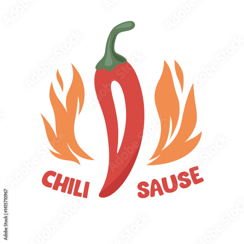 Spicy Chili Pepper With Flames Hot Sauce Logo. Fiery Chili Pepper Illustration For Spicy Food Branding. Chili Pepper Vector Art with Fire for Hot Sauce Label, Icon For Mexican Cuisine