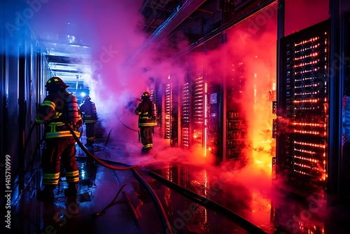 Data Center with Fire Damage in High-Tech Server Room.