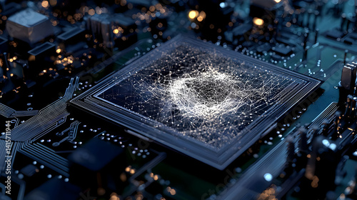 Detailed Circuit Board With Processor And Glowing Data