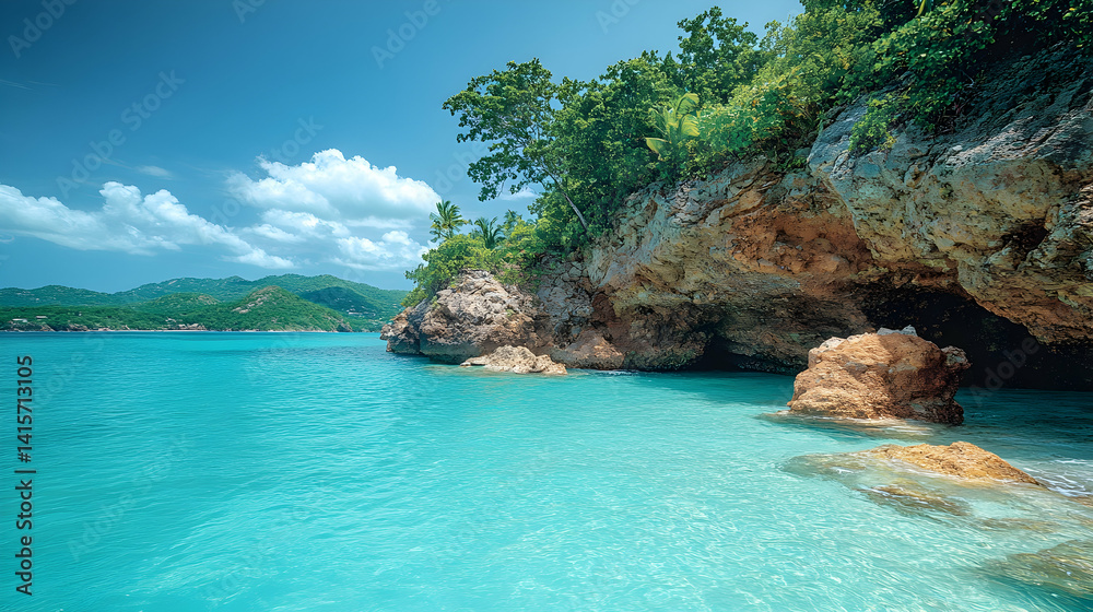 Tropical beach scene with blue water rocky cliffs lush trees clear sky and distant green hills Peaceful and vibrant Tropical beach scene with blue water rocky cliffs lush trees clear sky and distant green hills Peaceful and vibrant