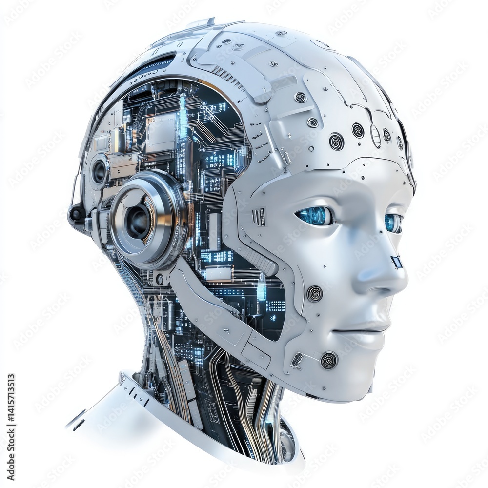 Fototapeta premium Advanced robotic head, showcasing intricate internal circuitry.