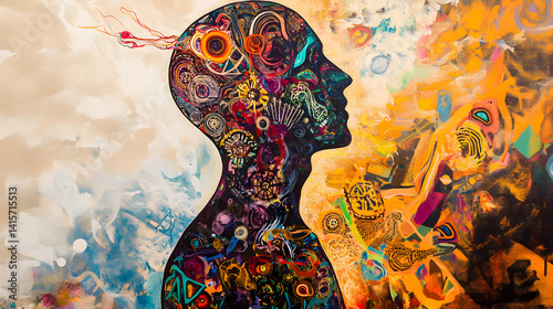 piece of art on canvas featuring the silhouette of a human body filled with colorful swirls, geometric shapes, and organic patterns, blending anatomy and imagination 