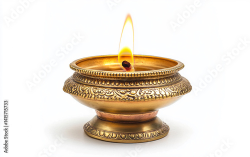 Ornate Brass Kuthu Vilakku Lamp Isolated On White Background.