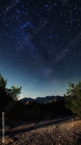 A breathtaking view of stars above a dark mountain range
