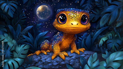 Cute big-eyed gecko with yellow orange and blue scales sits on a rock under a moonlit night surrounded by tropical f