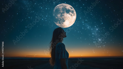 Dreamy scene with a woman gazing up at a giant moon and starry sky with an orange-blue gradient at the horizon