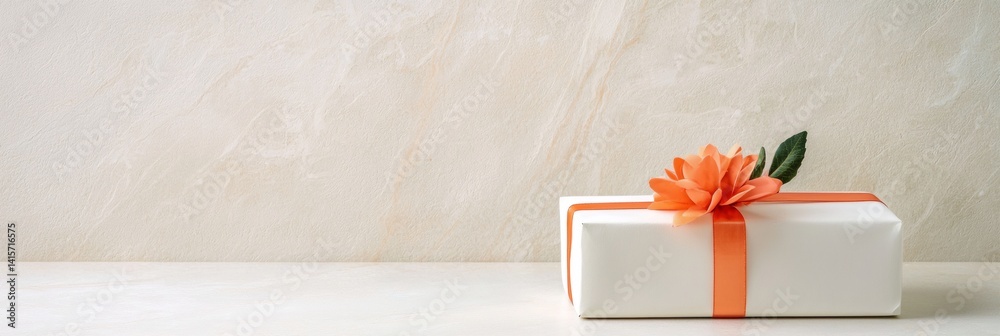 a white box with a orange ribbon