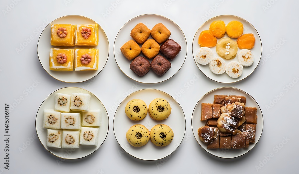 Fototapeta premium A flat lay of six different Indian sweets,