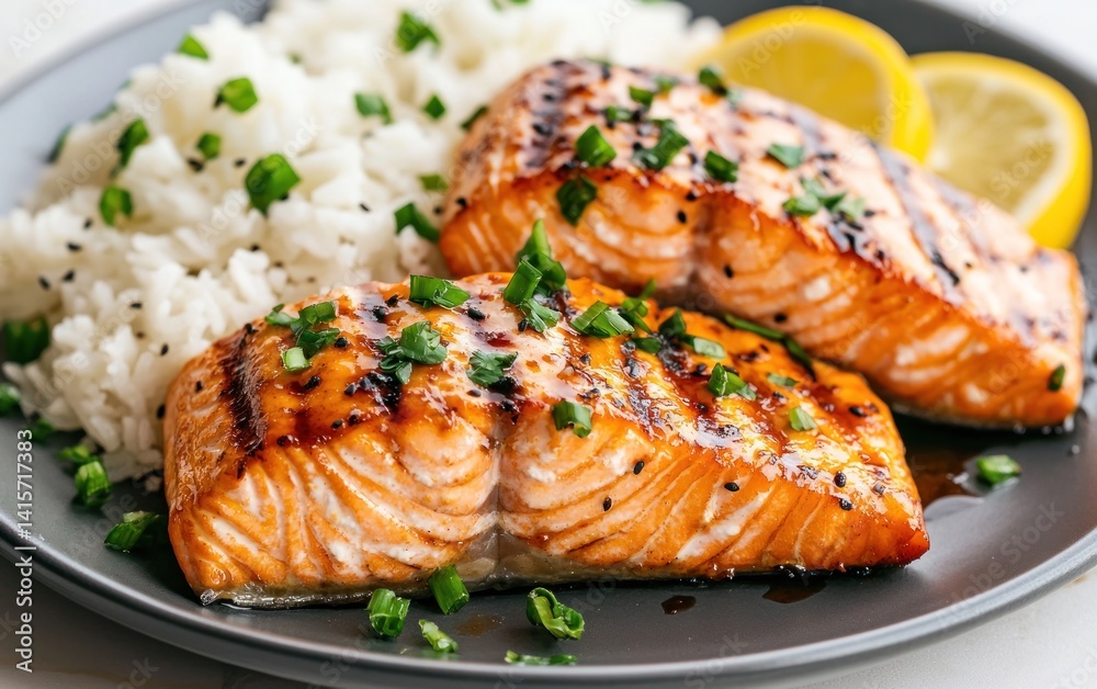 Grilled teriyaki salmon fillets served with white rice and lemon wedges. The salmon has a glossy glaze and grill marks, garnished with fresh herbs. Image is shot from above on a dark gray plate Grilled teriyaki salmon fillets served with white rice and lemon wedges. The salmon has a glossy glaze and grill marks, garnished with fresh herbs. Image is shot from above on a dark gray plate