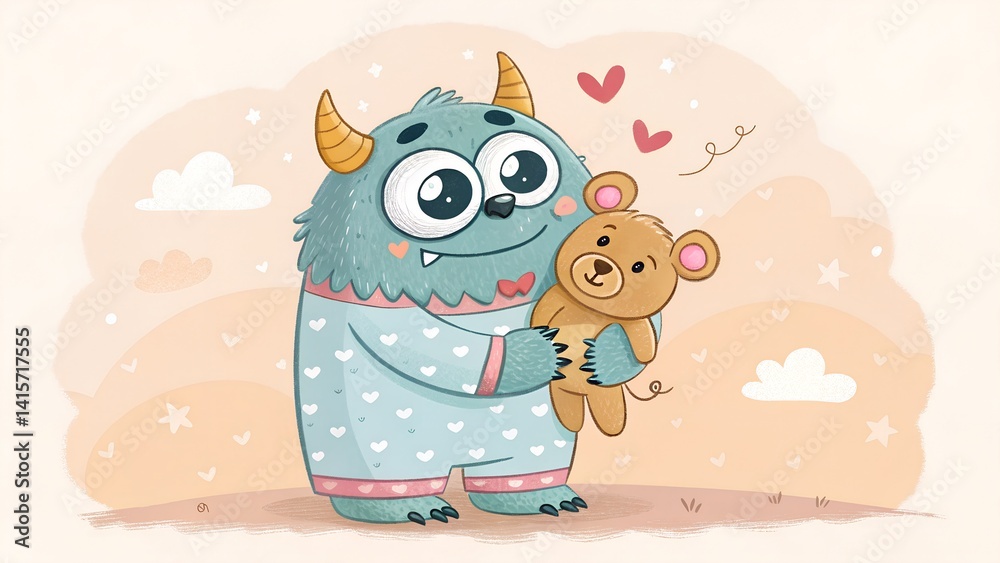 Obraz premium Cute monster hugging a teddy bear with hearts in a pastel background 