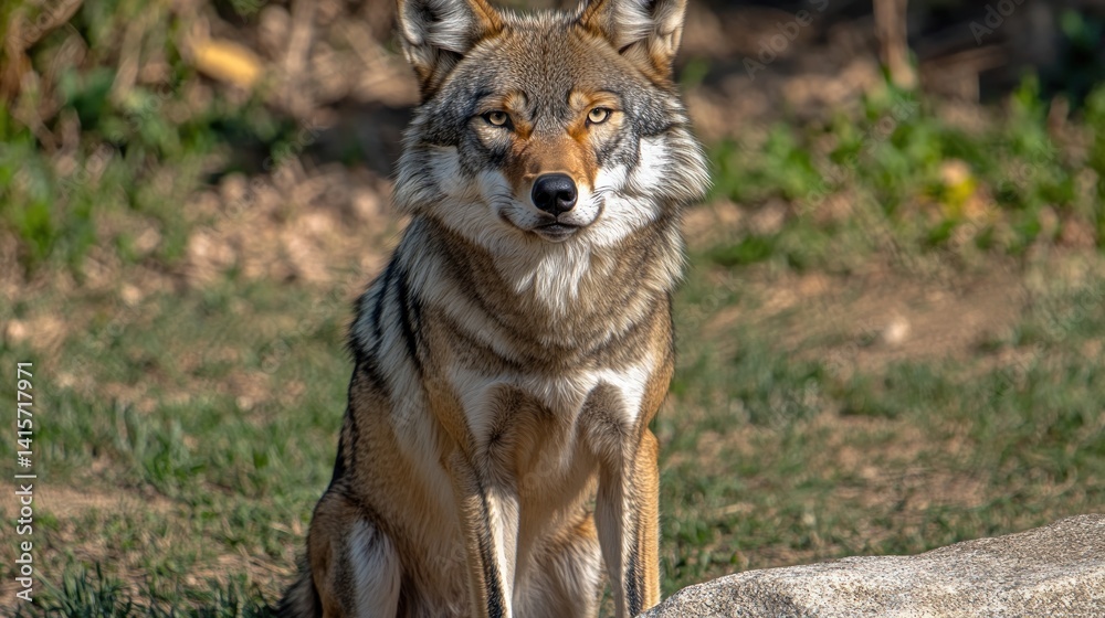 Fototapeta premium A majestic wolf sits gracefully in a lush green setting, basking in the afternoon sun