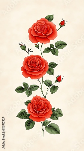 Beautiful Vertical Arrangement of Vibrant Red Roses with Green Leaves on Soft Background