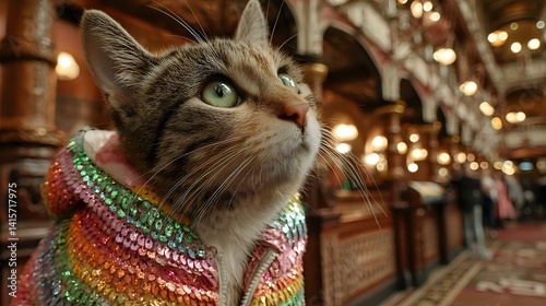 In a festive hall, a manx cat dazzles in a rainbow sequin outfit under perfect lighting, detailed and clean composition