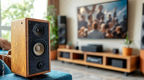 Modern Wooden Speakers on Couch, Home Theater