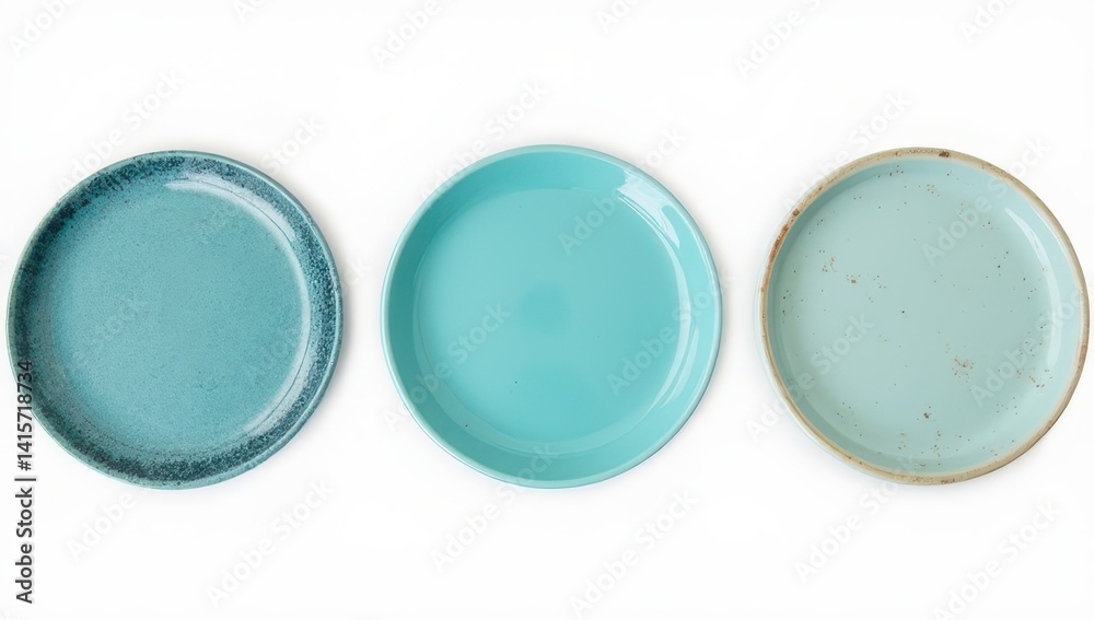 Three Teal and Aqua Ceramic Plates on White Background