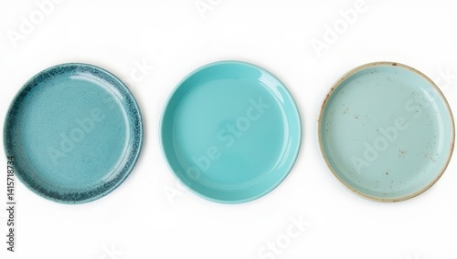 Obraz na płótnie Three Teal and Aqua Ceramic Plates on White Background w salonie