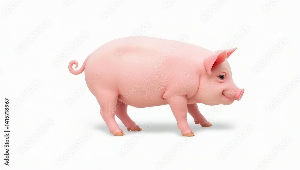 Cute Pink Piglet Standing Isolated on White Background
