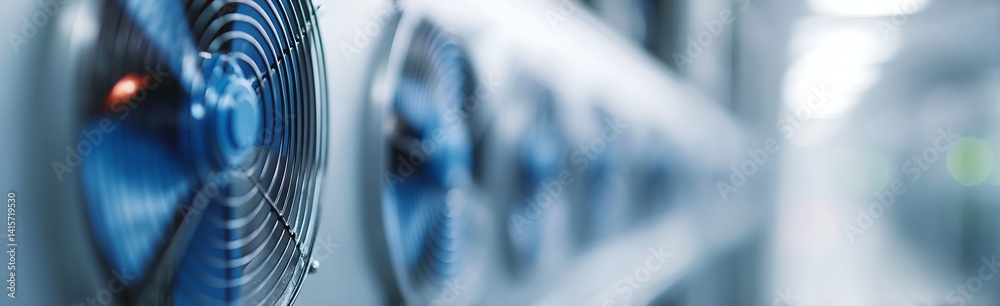 A blue fan is shown in a room with many other fans