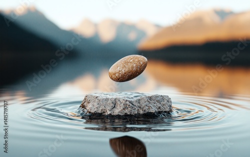 A light brown pebble skips across calm water, creating concentric ripples. A dark gray rock sits on the water's surface. The background features a blurred mountain range under a soft, golden light