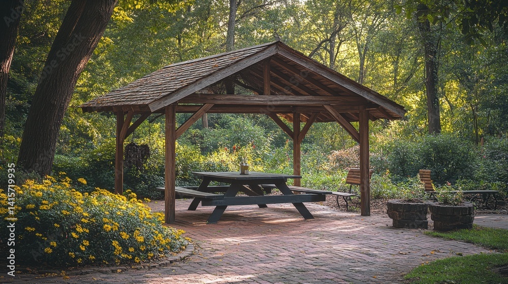 Serene Picnic Area Under Wooden Pavilion in Lush Forest Setting Serene Picnic Area Under Wooden Pavilion in Lush Forest Setting