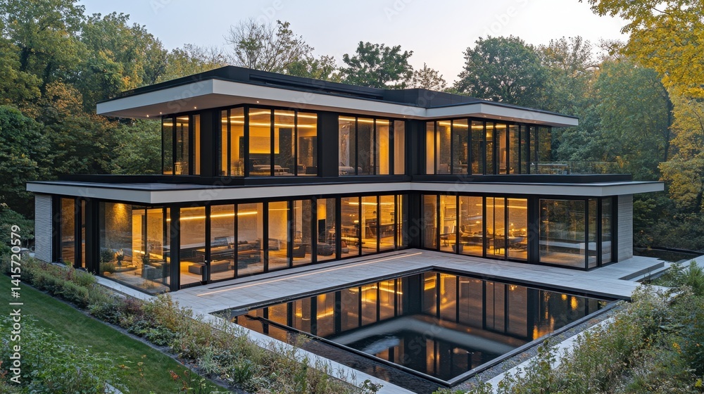 Obraz premium Stunning Modern Glass House with Pool Nestled in Lush Greenery