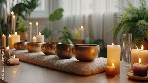 Himalayan Singing Bowls on Soft Mat with Glowing Candles, Creating a Peaceful Atmosphere for Yoga and Meditation