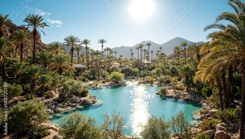 Discover tranquility in a desert oasis a crystal clear pool reflecting lush palm trees all under a majestic sky