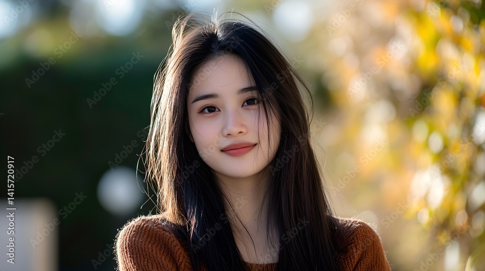 A woman with long black hair and a brown sweater is smiling