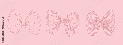 Elegant outline ribbon sketches in pink for cards, tags, and minimalist design, ideal for feminine graphics, frames, and decorative accents.
