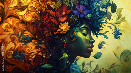 portrait of a person whose hair morphs into vines and petals, blending the boundaries between human and plant life, with vibrant colors highlighting the bio-elements 