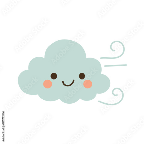 Mint green cloud with smiling face and wind swirls, great for soft weather illustrations, sky decor, and breezy air movement designs.