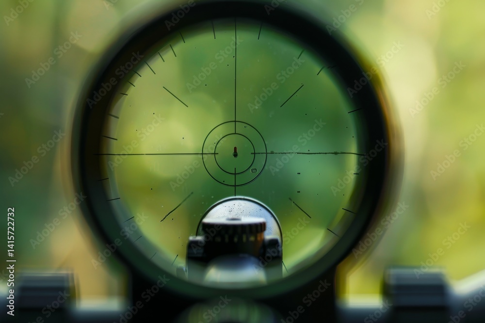A close-up view through a scope, showing a distant target in the crosshairs, A scope view of a distant target in the crosshairs