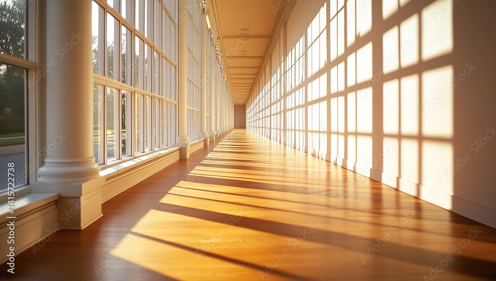 Obraz premium The long corridor of the museum is lined with white columns and has wooden parquet flooring