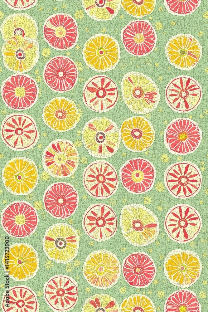 Vibrant Citrus-Themed Pattern with Red and Yellow Floral Circles on Green Background Vibrant Citrus-Themed Pattern with Red and Yellow Floral Circles on Green Background