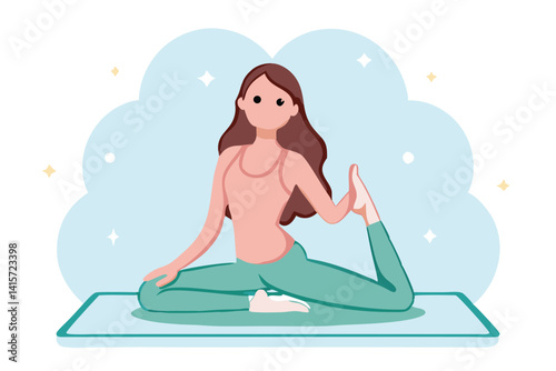 Woman Practicing Yoga Pigeon Pose On Mat Flat Illustration