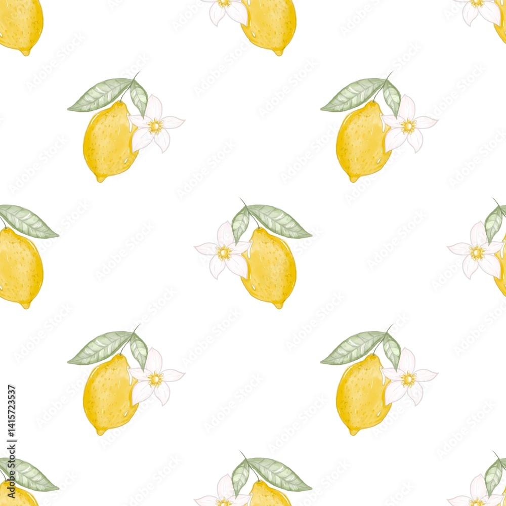 Seamless pattern lemon, flowers. Watercolor style, hand drawn. Floral, botanical. Baby shower. Baby, newborn, kids, children background, Textile, fabric, paper, clothes, greeting card design Seamless pattern lemon, flowers. Watercolor style, hand drawn. Floral, botanical. Baby shower. Baby, newborn, kids, children background, Textile, fabric, paper, clothes, greeting card design