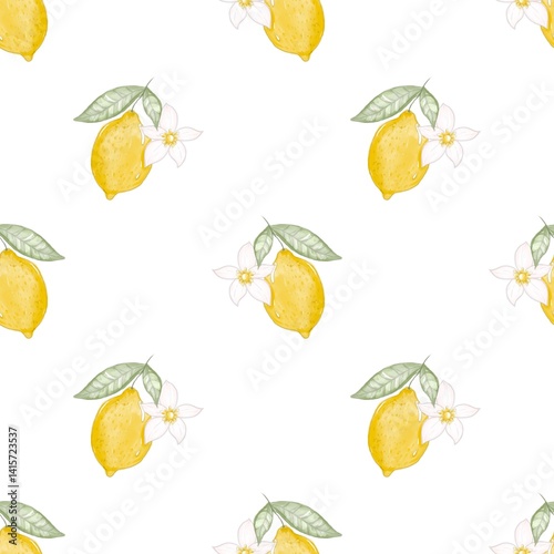 Seamless pattern lemon, flowers. Watercolor style, hand drawn. Floral, botanical. Baby shower. Baby, newborn, kids, children background, Textile, fabric, paper, clothes, greeting card design