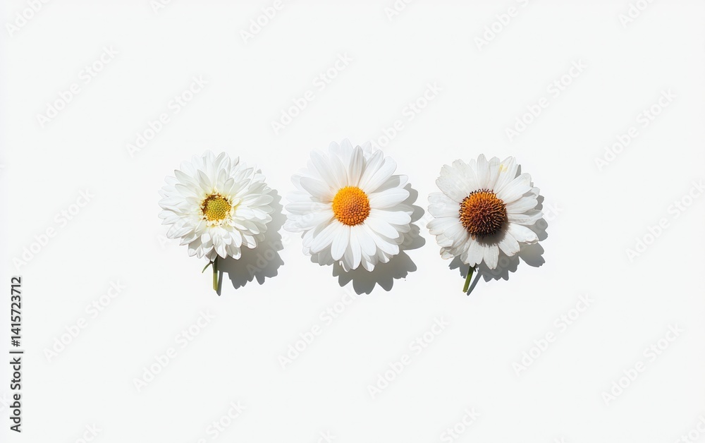 Obraz premium Three white daisies with subtle color variations in their centers are arranged in a row against a solid white background. The image is lit with bright, even lighting, creating soft shadows