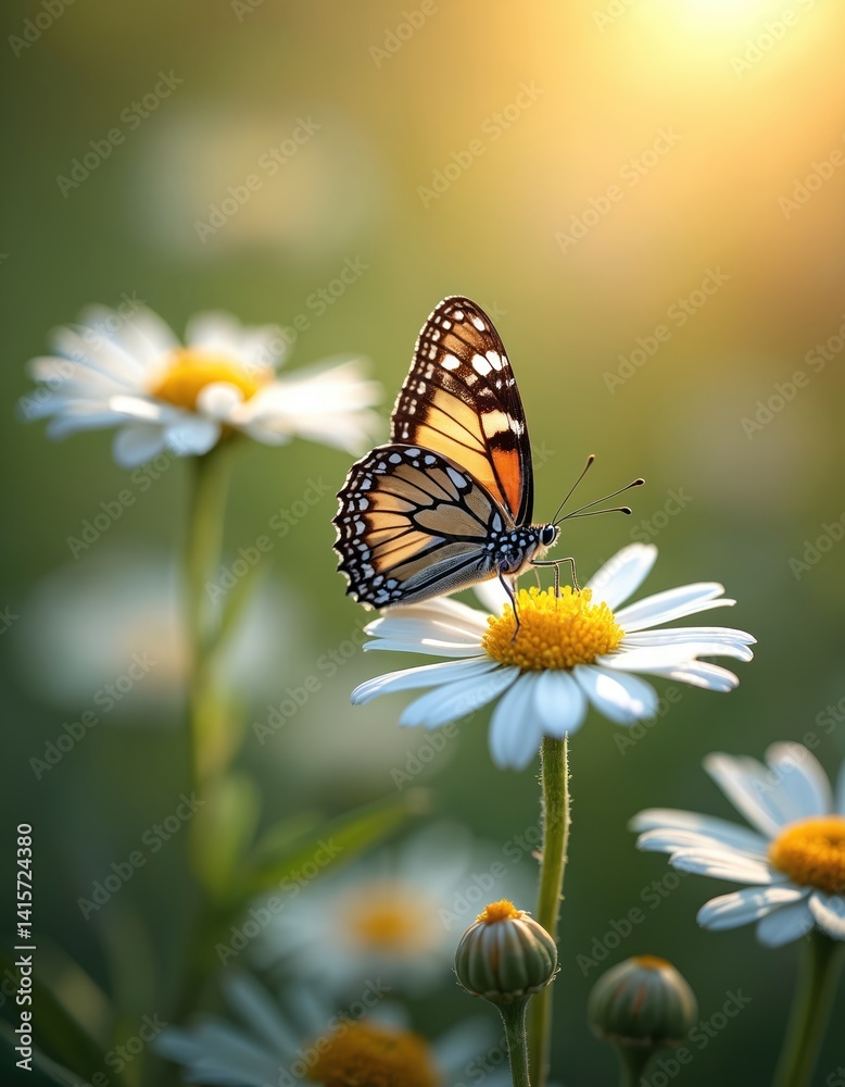 Macro shot of a butterfly on a daisy flower in morning cool haze. Sunlight on the flower. Floral scene with chamomile flowers, green grass. Nature beauty in the spring season. Macro shot of a butterfly on a daisy flower in morning cool haze. Sunlight on the flower. Floral scene with chamomile flowers, green grass. Nature beauty in the spring season.