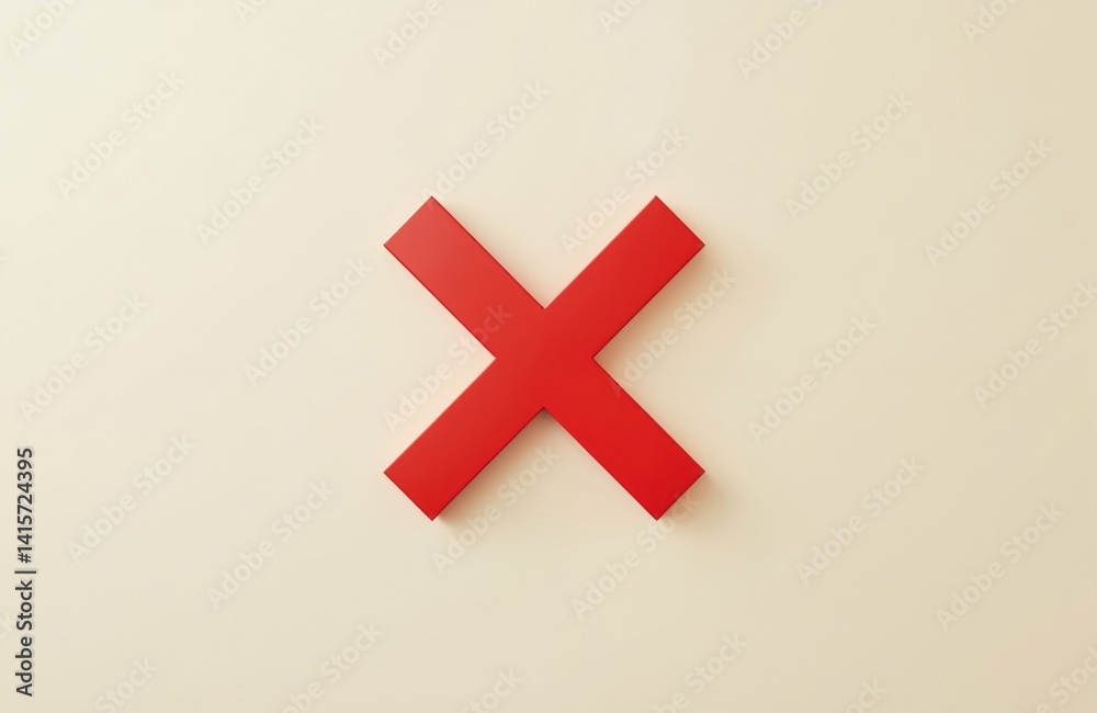 Obraz premium Bright red cross symbol on light background conveys clear message of prohibition. Graphic design, minimalism. Concept of error, warning, safety, attention incorrect action. Suitable for UI, web