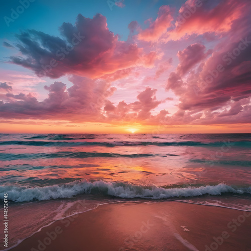 Vibrant Pink and Orange Sunset over Ocean Waves on Sandy Beach A breathtaking seascape at dusk