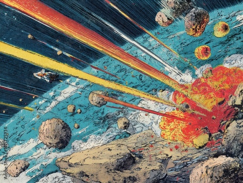 Fototapeta Naklejka Na Ścianę i Meble -  Space battle in a comic book style, with a ship dodging asteroids and explosions in a vibrant and dynamic scene. A cosmic fight!