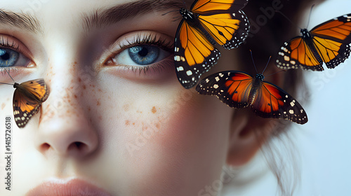 portrait of a woman’s face with butterflies emerging from her eyes, symbolizing the connection between human expression and the natural world 