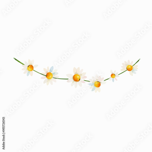 Daisies and orange spheres adorning a string on white background  