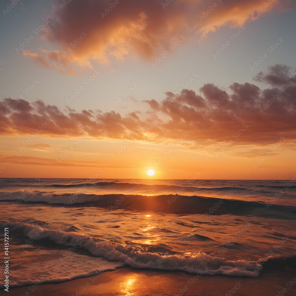 Obraz premium Stunning Ocean Sunset Golden Hour Waves Crashing on Sandy Beach