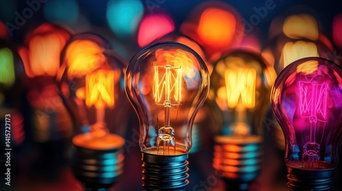 Several illuminated electric light bulbs with colorful abstract backgrounds