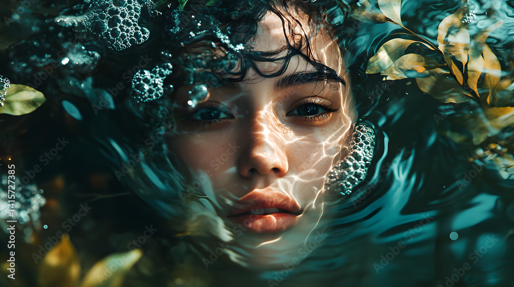 portrait of a woman with a face partially submerged in flowing water, surrounded by floating organic shapes and plants, capturing the essence of bio-inspired artistry portrait of a woman with a face partially submerged in flowing water, surrounded by floating organic shapes and plants, capturing the essence of bio-inspired artistry
