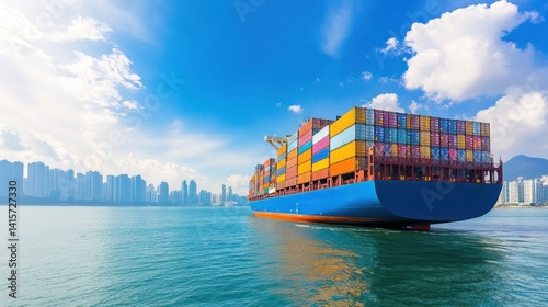 A large cargo ship sailing through open waters near a city