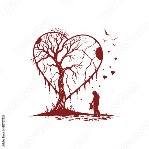 Lonely man under heart-shaped tree with falling leaves, love loss heartbreak vector scene, emotional solitude and breakup design