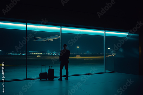 Man waits at airport terminal as airplane takes off during night travel
